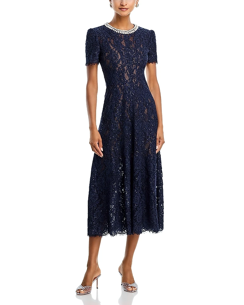 Self-Portrait Navy Lace Embellished Midi Dress