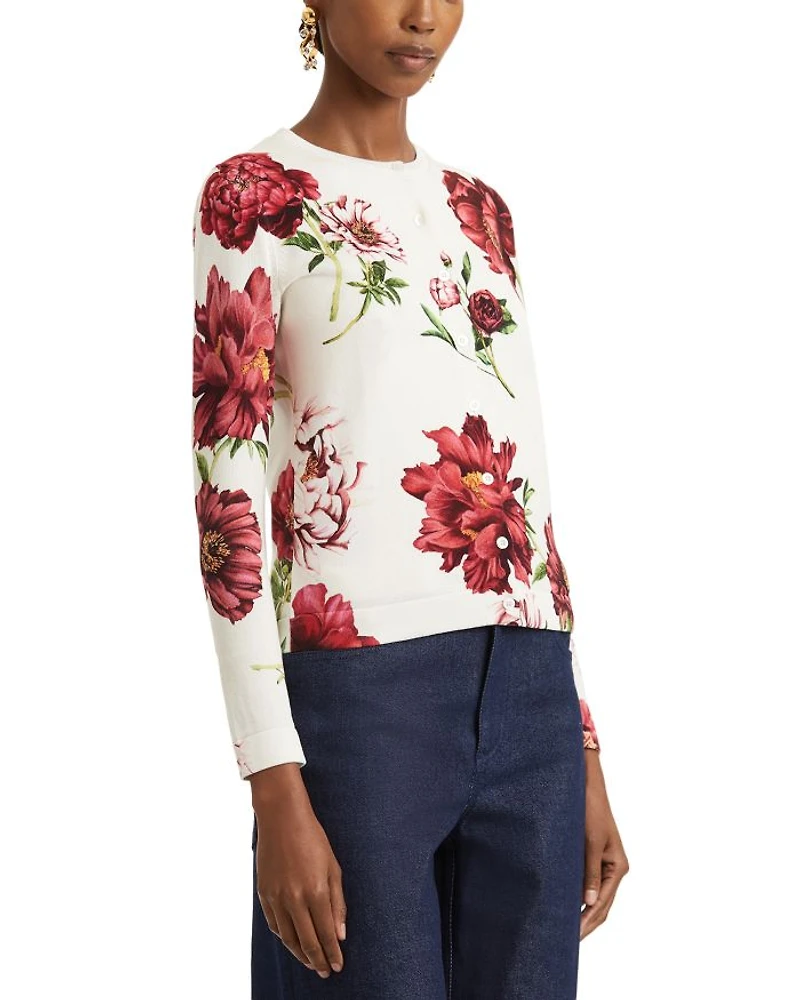 Long Sleeve Peony Print Cardigan Sweater