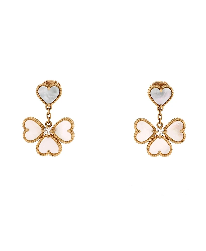Pre-Owned Van Cleef & Arpels Sweet Alhambra Effeuillage Heart Earrings 18K Gold with Mother of Pearl and Diamonds