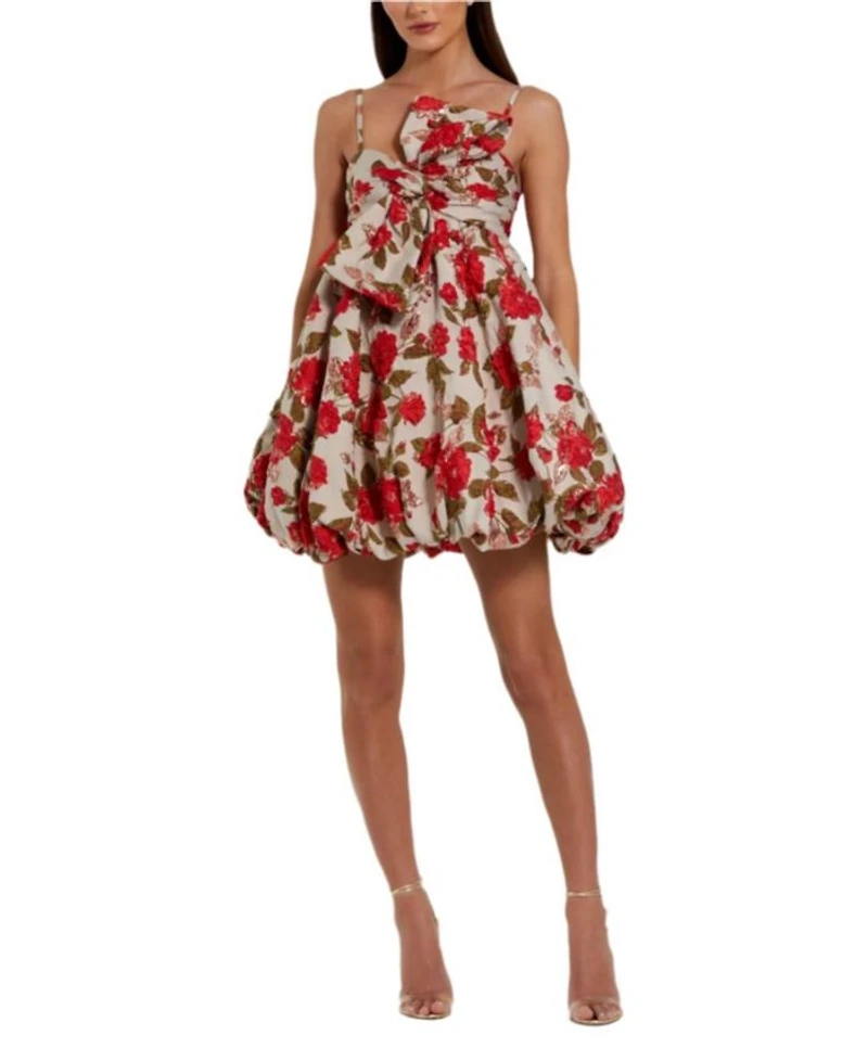 Brocade Thin Strap Puff Mini Dress with Bow