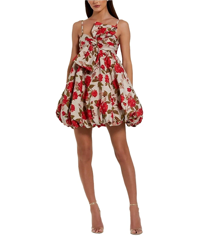 Mac Duggal Brocade Thin Strap Puff Mini Dress with Bow