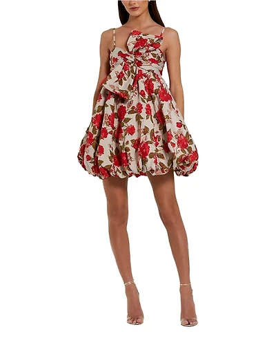 Mac Duggal Brocade Thin Strap Puff Mini Dress with Bow