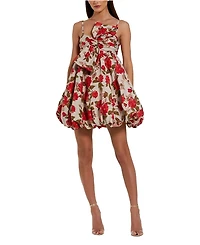Mac Duggal Brocade Thin Strap Puff Mini Dress with Bow