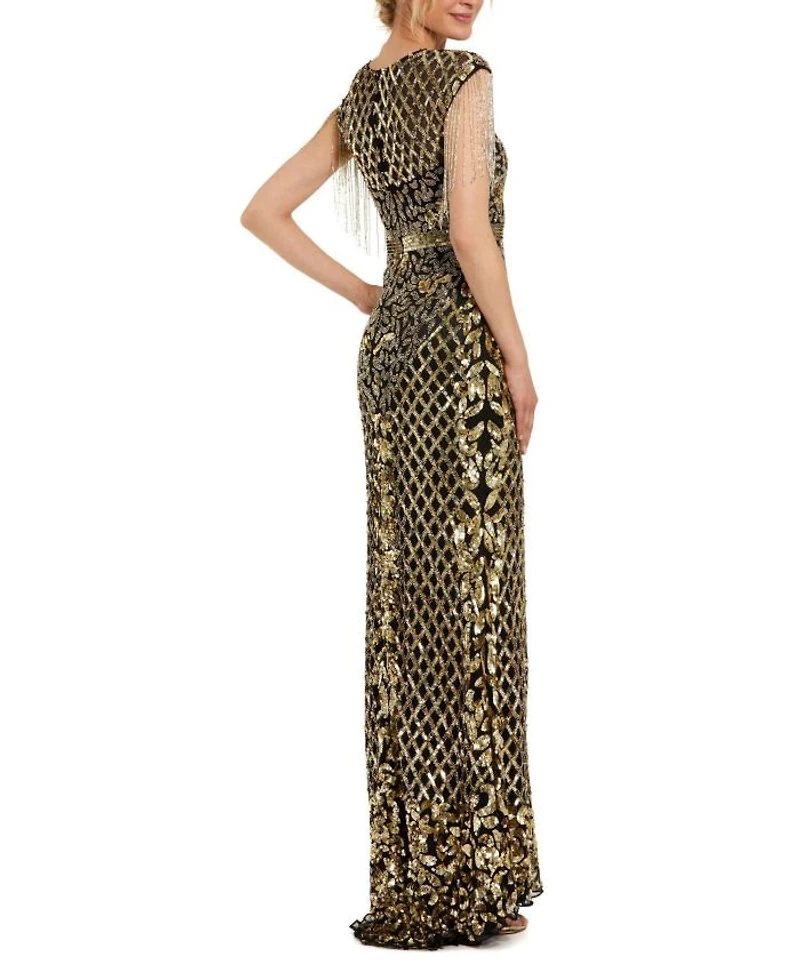 High Neck Sleeveless Beaded Fringe Fitted Gown
