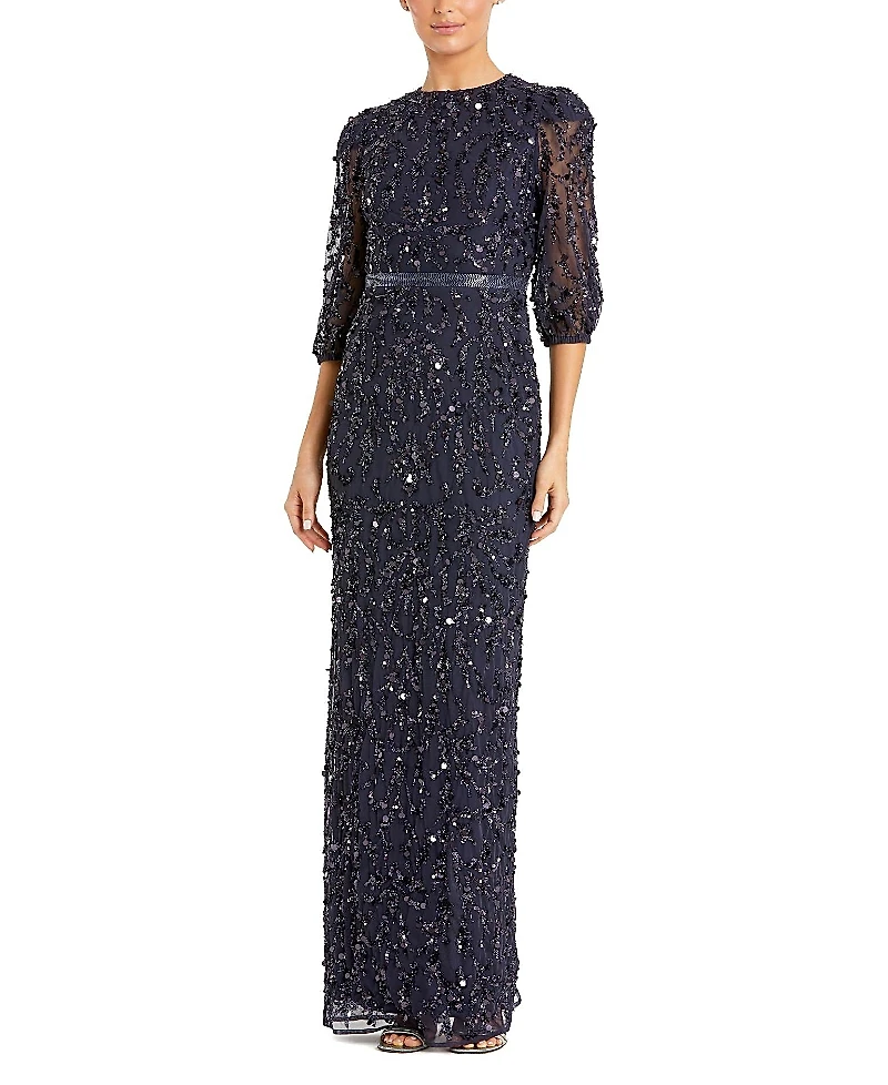 Mac Duggal Sequined Elbow Sleeve Gown