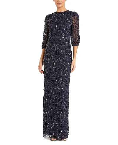 Mac Duggal Sequined Elbow Sleeve Gown