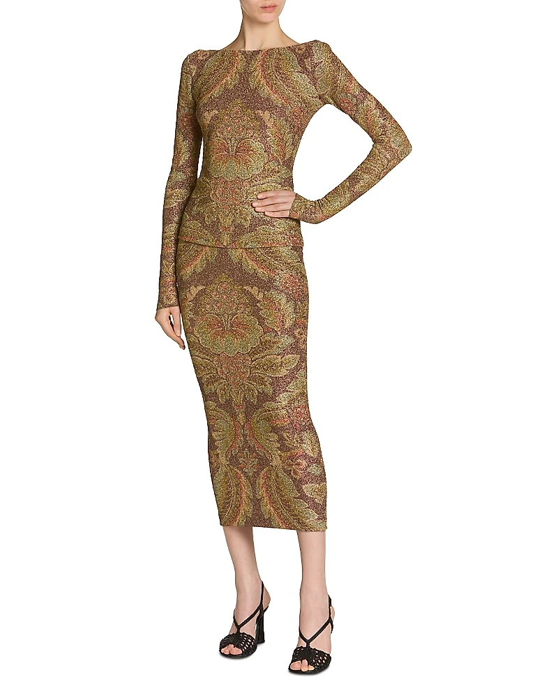 Etro Printed Long Sleeve Boat Neck Top