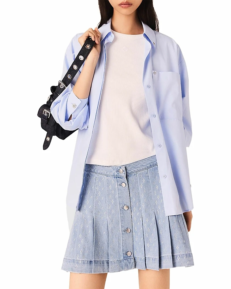 Maje Short Pleated Denim Skirt with Rhinestones