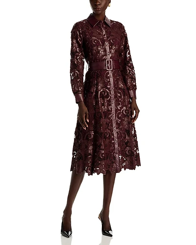 Elie Tahari Chayenne Faux Leather Lace Midi Dress