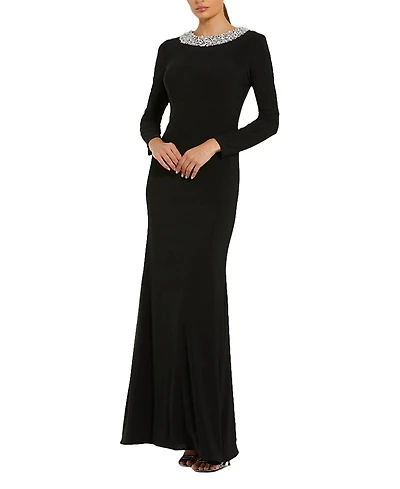 Mac Duggal Jersey Long Sleeve Fitted Gown with Beaded Neck