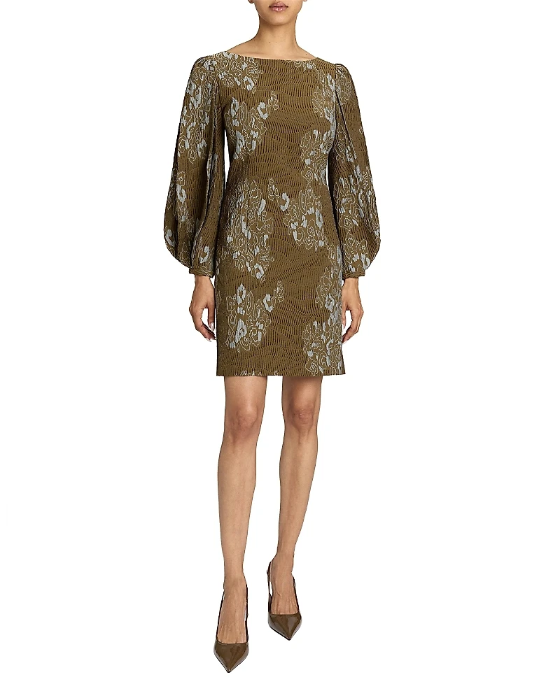 Santorelli Arana Pleated Bishop Sleeves Shift Jacquard Dress