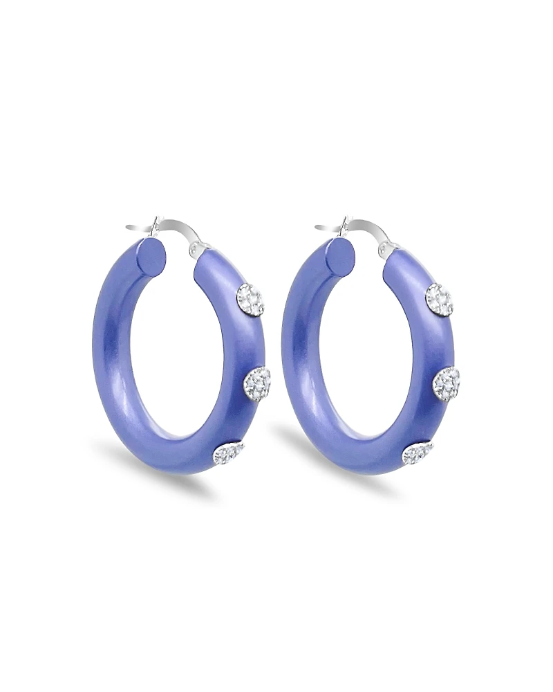 Meira T Light Blue Rhodium Plated Sterling Silver Diamond Hoop Earrings