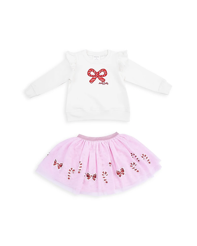 Angel Dear Girls' Candy Canes Ruffled Shoulder Waffle Sweatshirt & Tutu Skirt Set - Baby