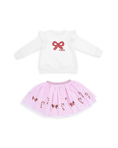 Angel Dear Girls' Candy Canes Ruffled Shoulder Waffle Sweatshirt & Tutu Skirt Set - Baby