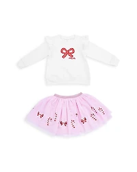 Angel Dear Girls' Candy Canes Ruffled Shoulder Waffle Sweatshirt & Tutu Skirt Set - Baby