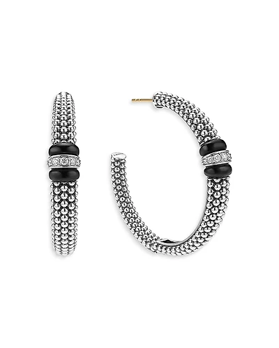 Lagos Sterling Silver Signature Black Caviar Diamond Beaded Large Hoop Earrings