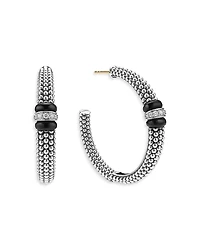 Lagos Sterling Silver Signature Black Caviar Diamond Beaded Large Hoop Earrings