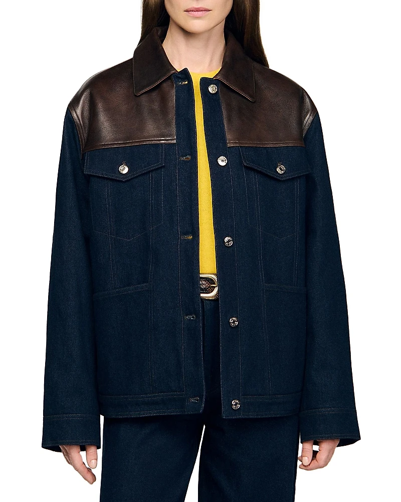 Sandro Raphael Denim Leather Trim Jacket