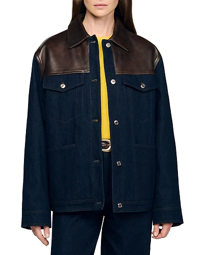 Sandro Raphael Denim Leather Trim Jacket