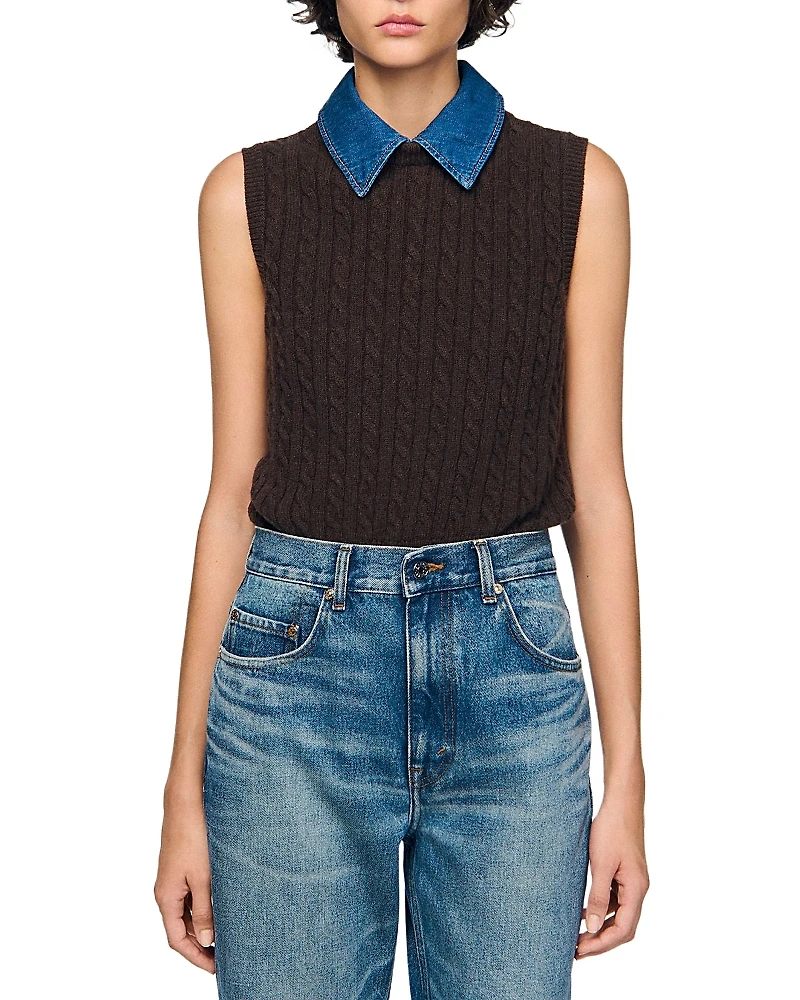 Sandro Denim Collar Cable Knit Sweater
