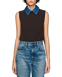 Sandro Denim Collar Cable Knit Sweater