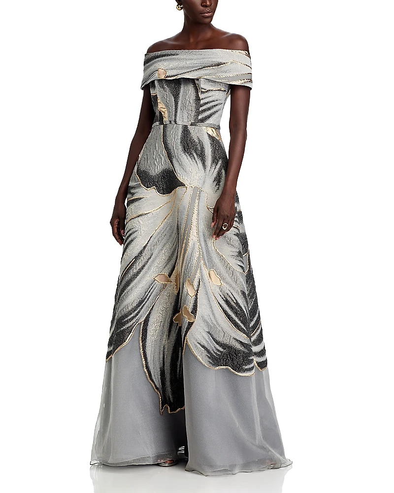 Teri Jon by Rickie Freeman Jacquard Off-the-Shoulder Gown