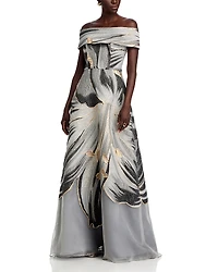 Teri Jon by Rickie Freeman Jacquard Off-the-Shoulder Gown