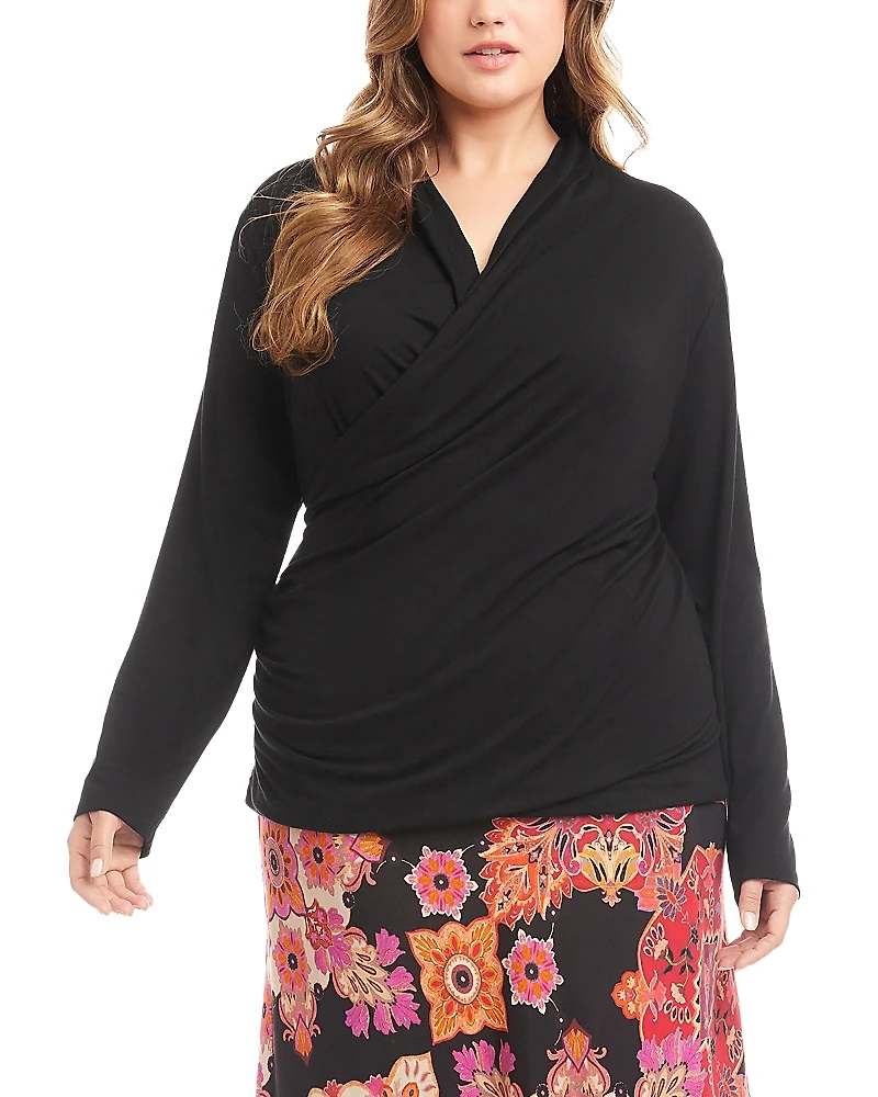 Karen Kane Plus Long Sleeve Crossover Side Shirred Top