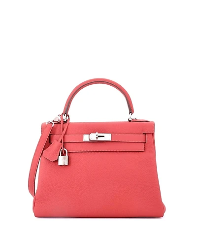 Pre-Owned HERMES Kelly 28 Handbag Red Clemence with Palladium Hardware