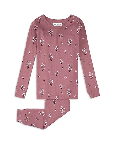 petit lem Girls' White Flowers Print Pajama Set - Little Kid