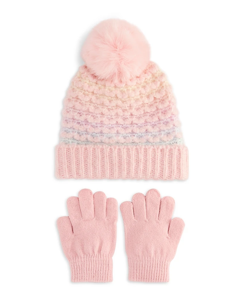 Capelli Girls' Birds Eye Heart Knit Cuff Beanie with Faux Fur Pom & Gloves Set - Little Kid, Big Kid