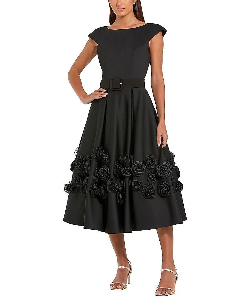 Mac Duggal Satin Cap Sleeve A Line Midi Dress With 3D Flowers