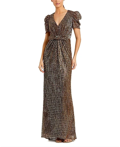 Mac Duggal Bow Waist Metallic Gown