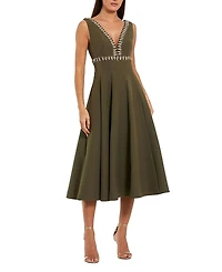 Women's Rhinestone Embellished Crepe A Line Midi Dress