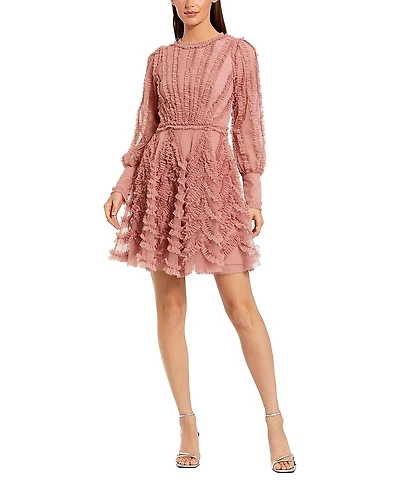 Mac Duggal Ruffle Lace Up Back Long Sleeve Mini Dress