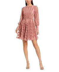 Mac Duggal Ruffle Lace Up Back Long Sleeve Mini Dress