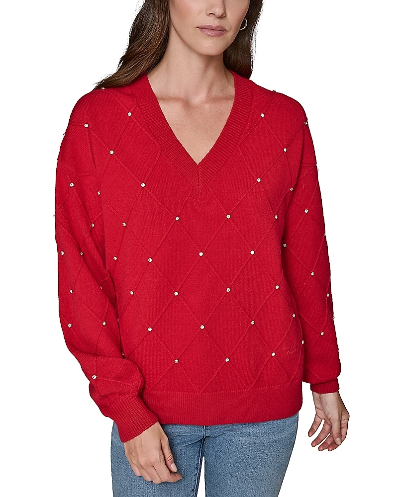 Karl Lagerfeld Paris Embellished V-Neck Sweater
