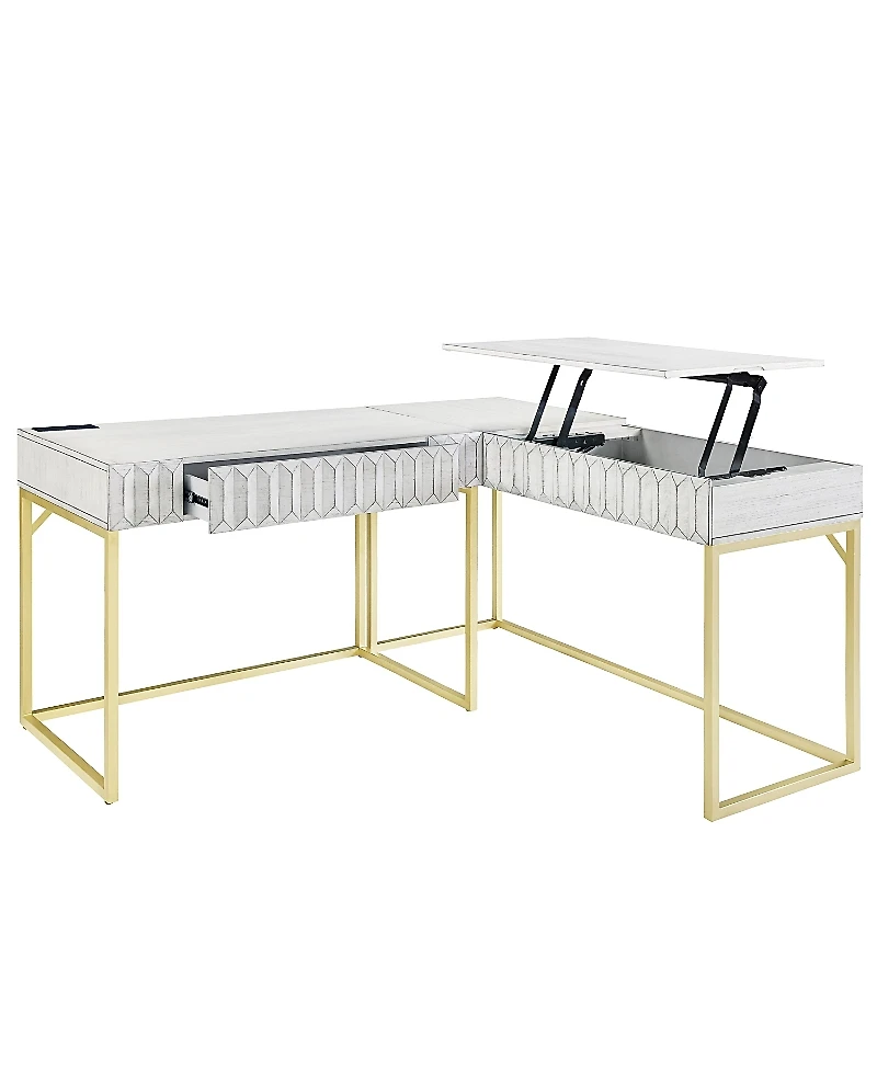 Furniture of America Prelli Steel Base Adjustable Lift Top L-Shaped Writing Desk with Usb Ports and Outlets