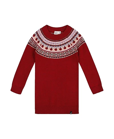 Deux par Girls' Knit Dress with Apple Jacquard Yoke