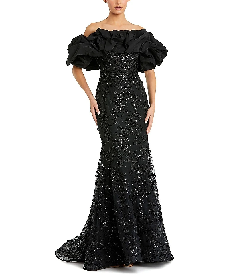 Mac Duggal Beaded Applique Off the Shoulder Mermaid Gown
