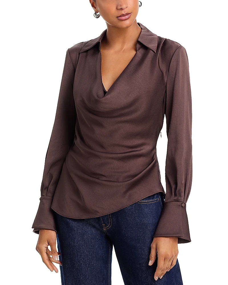 Simkhai Symone Satin Long Sleeve Cowlneck Top