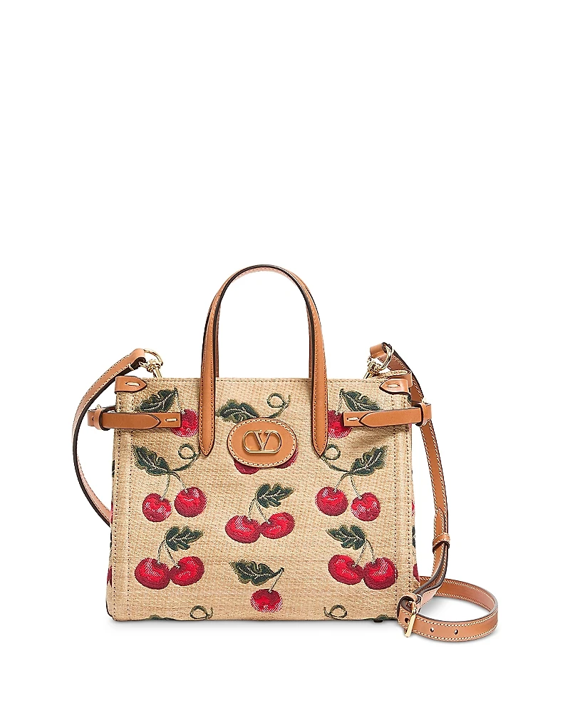 Valentino Garavani Antibes Small Cherryfic VLogo Raffia Shopping Tote Bag