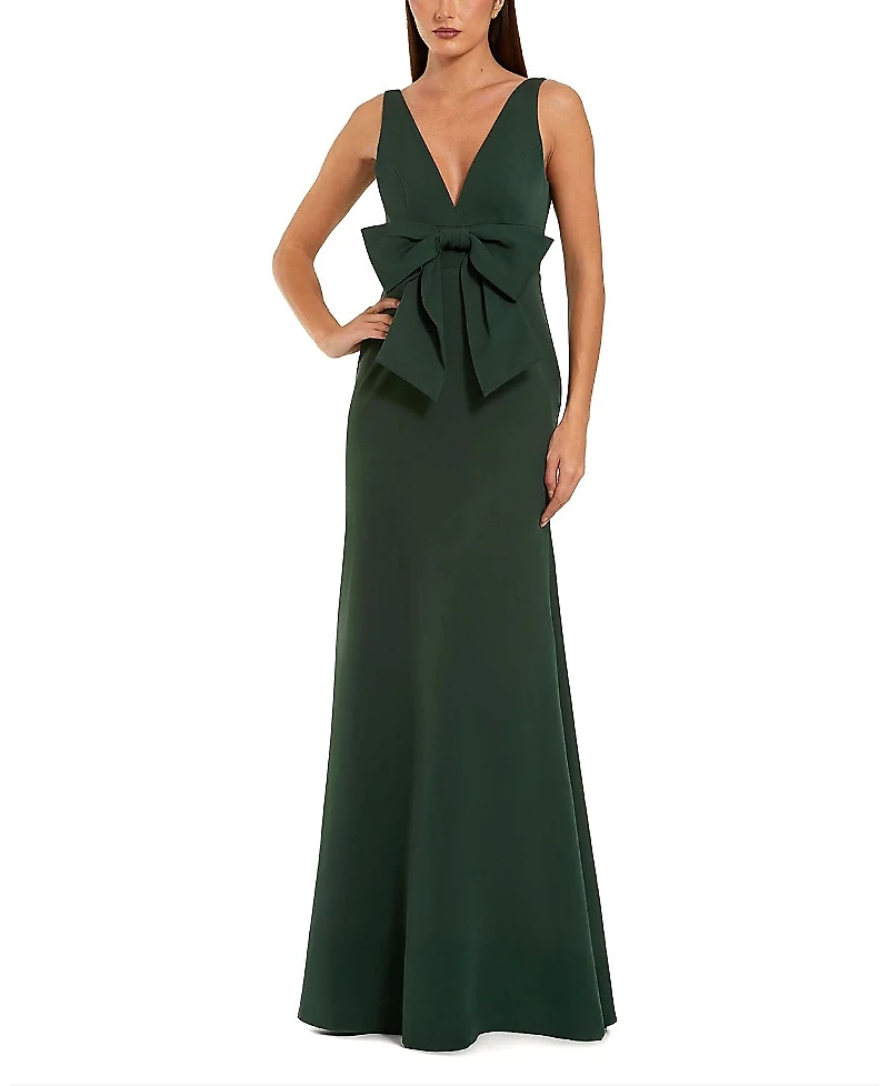 Mac Duggal Crepe Sleeveless V Neck Column Dress with Bow