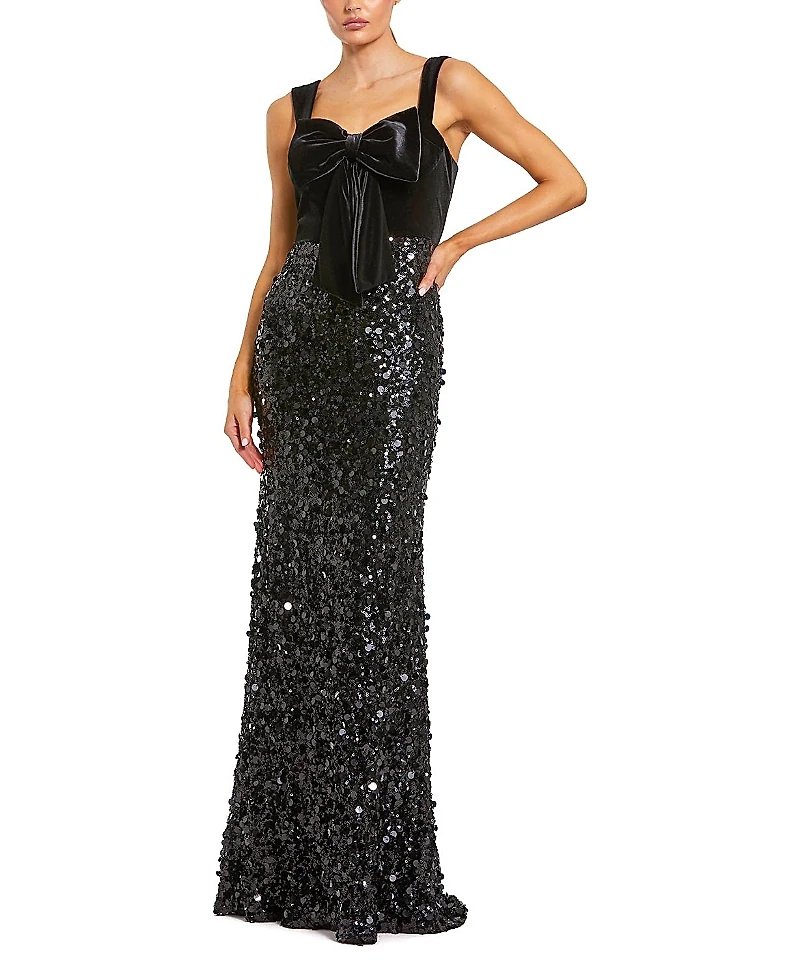 Mac Duggal Sequin Column Gown with Velvet Bow Detail