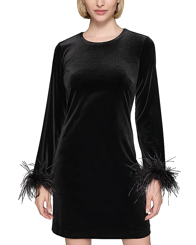 Karl Lagerfeld Paris Feather Trim Stretch Velvet Dress