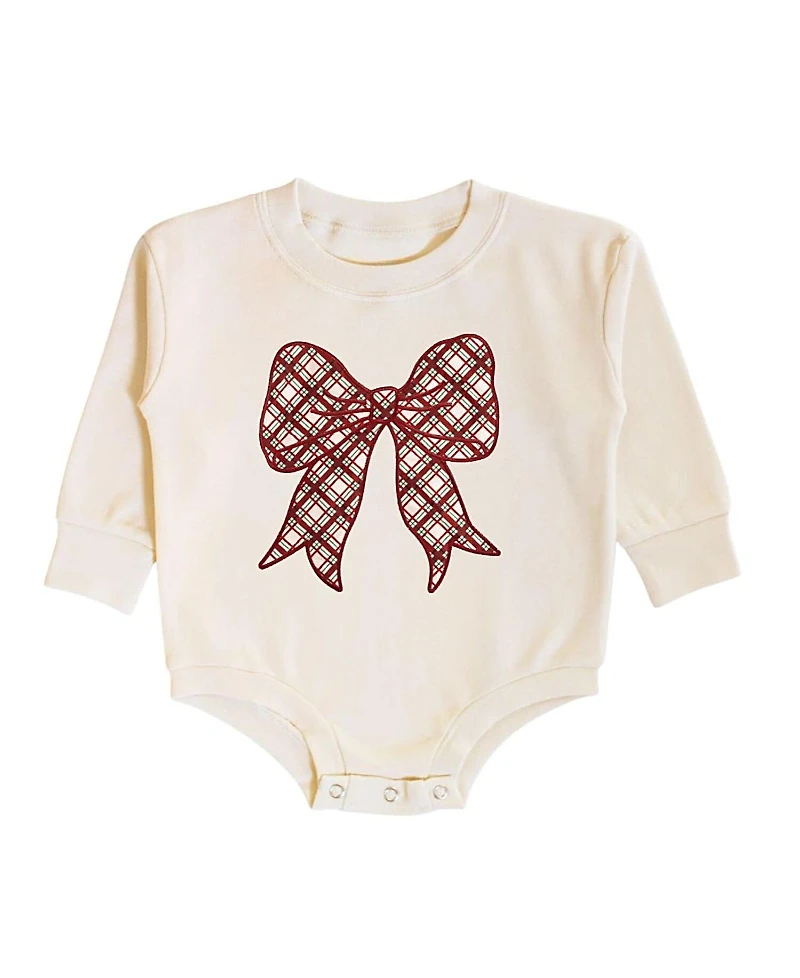 Sweet Wink Girls' Christmas Plaid Bow Patch Long Sleeve Romper - Baby