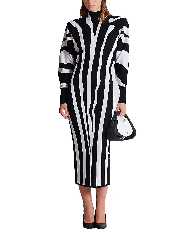 Balmain Long Knit Dress with Zebra Intarsia