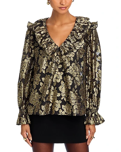 Aqua Metallic Jacquard Ruffle Neck Top - Exclusive