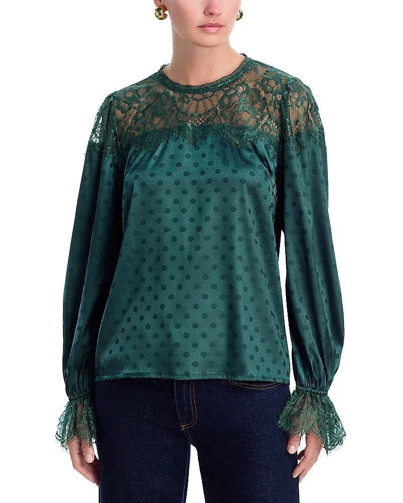 Aqua Polka Dot Lace Long Sleeve Top - Exclusive