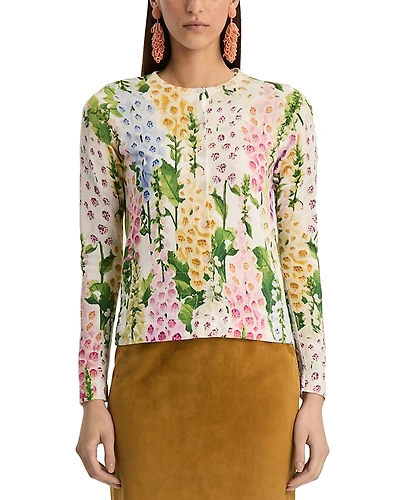 Oscar de la Renta Printed Foxgloves Long Sleeve Cardigan